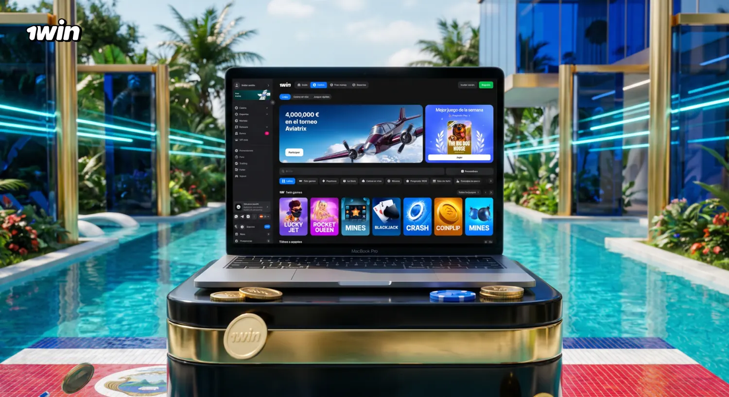 Tapete de casino de 1win en una laptop, con el torneo Aviatrix y su premio en pantalla